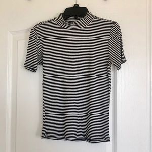 Mock Neck Ribbed Short Sleeve Striped T-Shirt